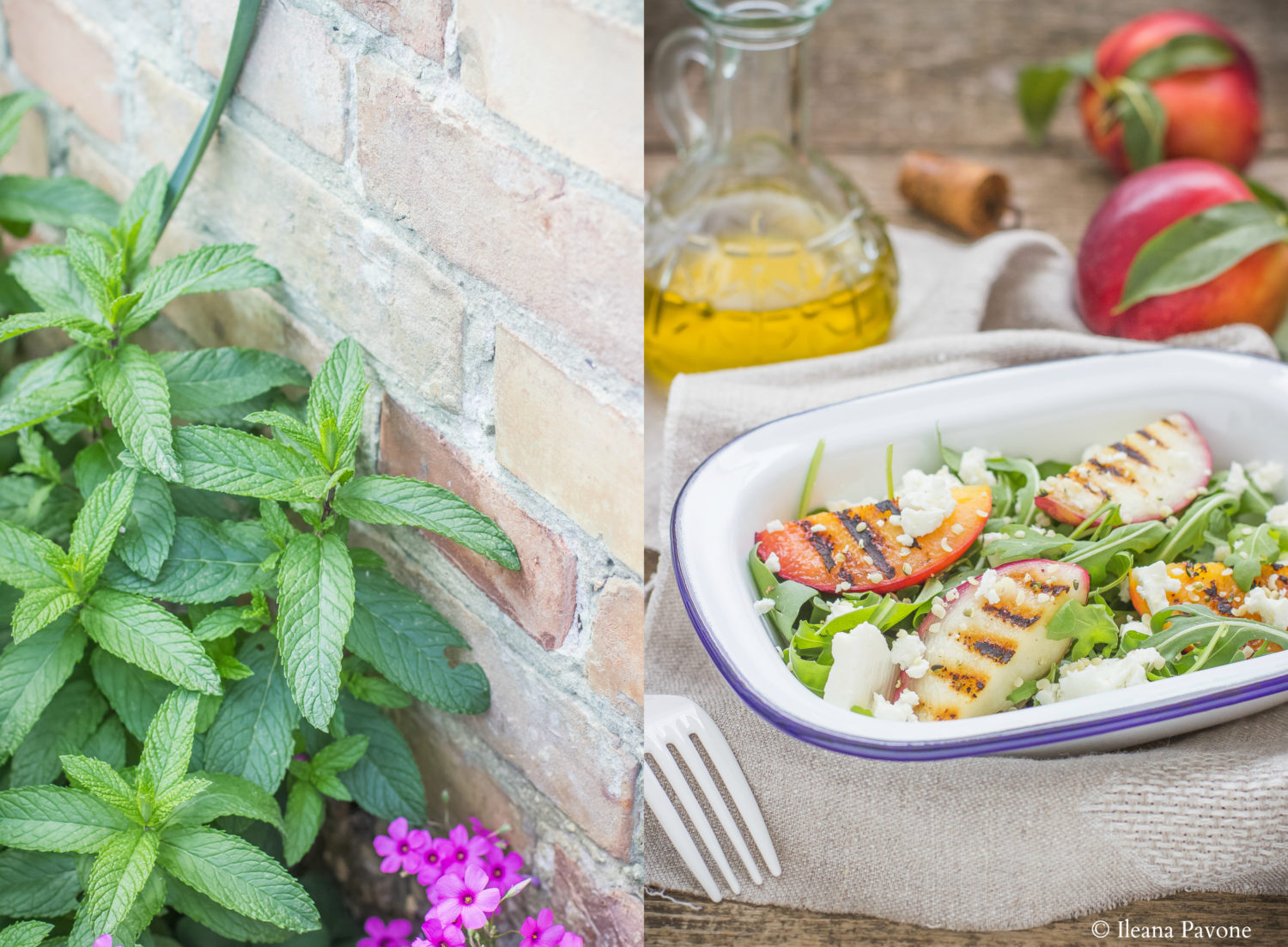 Insalata di rucola, pesche grigliate e feta